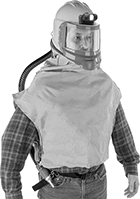 Image of ProductInUse. Shown with Adhesive-Mount Helmet Light (Sold Separately). Front orientation. Respirators. Supplied-Air Helmet Respirators for Plant Air Lines.