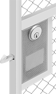 Image of ProductInUse. Front orientation. Gate Latches. Deadbolt Latches for Sliding Wire Partition Doors.