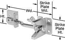 Image of Product. Front orientation. Contains Annotated. Gate Latches. Padlockable Gate Latches, Surface Mount, Adjustable Straight Latch Bolt.