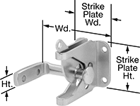 Image of Product. Front orientation. Contains Annotated. Gate Latches. Padlockable Gate Latches, Surface Mount, Fixed 90° Angle Latch Bolt.