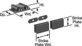 Image of Product. Front orientation. Contains Annotated. Magnetic Latches. Push-to-Open Magnetic Latches, Style 3.