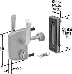 Image of Product. Front orientation. Contains Annotated. Gate Latches. Keyed Latches for Sliding Gates.