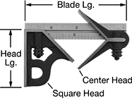 Image of Product. Front orientation. Contains Annotated. Squares. Starrett High-Accuracy Combination Squares, Blades with Square Head and Center Head .