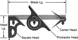 Image of Product. Front orientation. Contains Annotated. Squares. Starrett High-Accuracy Combination Squares, Blades with Square Head with Built-In Level, Center Head, Protractor Head, and Scriber.