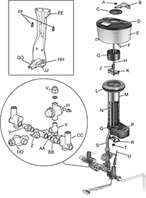 Image of System. Front orientation. Exploded view. Contains Annotated, Inset. Wash Fountain Replacement Parts.