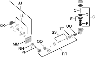 Image of System. Touch-Free Optima ESS Flush Valves. Front orientation. Exploded view. Contains Annotated. Flush Valve Replacement Parts. Sloan Flush Valve Replacement Parts, Cover and Body Components.