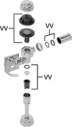 Image of System. For Touch-Free Optima ESS Flush Valves. Front orientation. Exploded view. Contains Annotated. Flush Valve Replacement Parts. Sloan Flush Valve Replacement Parts, Master Repair Kits.