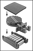 Image of Product. Front orientation. Exploded view. Contains Annotated, Border. Dollies. Convertible Rigid/Swivel-Top High-Capacity Roller Track Dolly Sets for Smooth Surfaces.