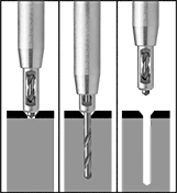 Image of ProductInUse. Front orientation. Contains Border, MultipleImages. Drill Bits. Drill Bits with Countersunk-Hole Guide.