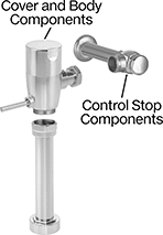 Image of System. Manual. Front orientation. Exploded view. Contains Annotated. Flush Valve Replacement Parts. Kohler Flush Valve Replacement Parts.