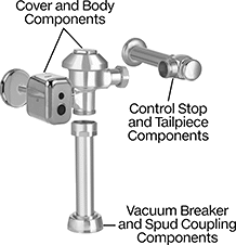 Image of System. ZER and ZEMS-IS Models. Front orientation. Exploded view. Contains Annotated. Flush Valve Replacement Parts. Zurn Flush Valve Replacement Parts.