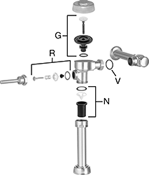 Image of System. For Manual Regal and Royal Flush Valves. Front orientation. Exploded view. Contains Annotated. Flush Valve Replacement Parts. Sloan Flush Valve Replacement Parts, Master Repair Kits.