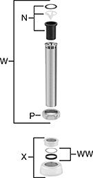 Image of System. Front orientation. Exploded view. Contains Annotated. Flush Valve Replacement Parts. Sloan Flush Valve Replacement Parts, Vacuum Breaker and Spud Coupling Components.