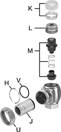 Image of System. Front orientation. Exploded view. Contains Annotated. Flush Valve Replacement Parts. Sloan Flush Valve Replacement Parts, Control Stop and Tailpiece Components.
