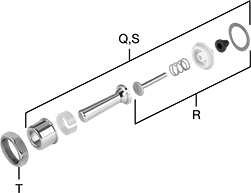 Image of System. Front orientation. Exploded view. Contains Annotated. Flush Valve Replacement Parts. Sloan Flush Valve Replacement Parts, Handle Components.