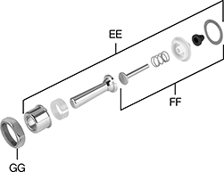 Image of System. Front orientation. Exploded view. Contains Annotated. Flush Valve Replacement Parts. Zurn Flush Valve Replacement Parts, Handle Components.