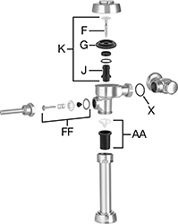 Image of System. Front orientation. Exploded view. Contains Annotated. Flush Valve Replacement Parts. Zurn Flush Valve Replacement Parts, Master Repair Kits.