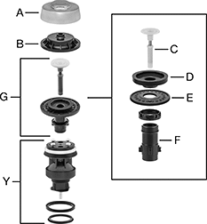 Image of System. Manual Regal, Royal, and Naval Flush Valves. Front orientation. Exploded view. Contains Annotated, Inset. Flush Valve Replacement Parts. Sloan Flush Valve Replacement Parts, Cover and Body Components.
