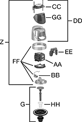 Image of System. Touch-Free ECOS, Optima Plus, G2 Optima Plus and SOLIS Flush Valves. Front orientation. Exploded view. Contains Annotated. Flush Valve Replacement Parts. Sloan Flush Valve Replacement Parts, Cover and Body Components.