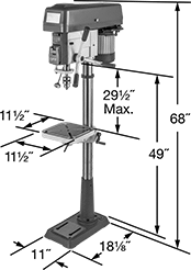 Image of Product. Front orientation. Contains Annotated. Drill Presses. Adjustable-Speed Economy-Grade Floor-Mount Drill Presses, 15" Maximum Workpiece Diameter.