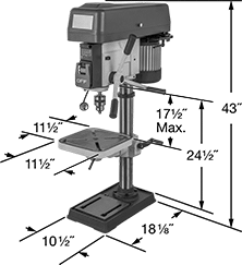 Image of Product. Front orientation. Contains Annotated. Drill Presses. Economy-Grade Bench-Mount Drill Presses, 15" Maximum Workpiece Diameter.