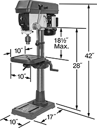 Image of Product. Front orientation. Contains Annotated. Drill Presses. Economy-Grade Bench-Mount Drill Presses, 13" Maximum Workpiece Diameter.