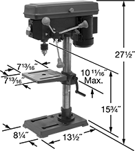 Image of Product. Front orientation. Contains Annotated. Drill Presses. Economy-Grade Bench-Mount Drill Presses, 10" Maximum Workpiece Diameter.