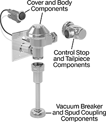 Image of System. Manual ZH Models. Front orientation. Exploded view. Contains Annotated. Flush Valve Replacement Parts. Zurn Flush Valve Replacement Parts.