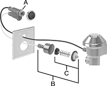 Image of System. Manual ZH Models. Front orientation. Exploded view. Contains Annotated. Flush Valve Replacement Parts. Zurn Flush Valve Replacement Parts, Cover and Body Components.