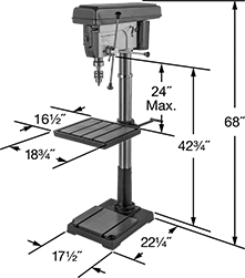 Image of Product. Front orientation. Contains Annotated. Drill Presses. Adjustable-Speed Economy-Grade Floor-Mount Drill Presses, 20" Maximum Workpiece Diameter.