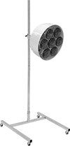 Image of Product. Shown with Bulbs. Front orientation. Heat Lamps. Mobile Heat Lamps, Adjustable Temperature Setting.