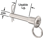 Image of Product. Front orientation. Contains Annotated. Quick-Release Pins. Double-Locking Quick-Release Pins with Cotter Pin, Split Ring, 5/64" Dia. Stainless Steel Hairpin Cotter Pin.