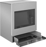 Image of ProductInUse. Stainless Steel. Front orientation. Computer Cabinets. Tabletop Computer Cabinets, Stationary, Stainless Steel.