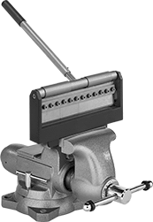 Image of ProductInUse. Shown with Bench Vise (Sold Separately). Front orientation. Sheet Metal Benders. Adjustable-Width Sheet Metal Benders for Bench Vises.