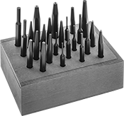 Image of Product. 24-Piece Set in Wood Stand. Front orientation. Pin Removal Punches. Punch Sets, 24 Pieces, Wood Stand.
