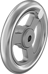 Image of Product. Front orientation. Hand Wheels. Unthreaded Through-Hole-Mount Spoked Hand Wheels, Flat Hand Wheels, 3 Spokes.