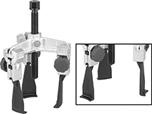 Image of Product. Front orientation. Contains Inset. Gear and Bearing Pullers. Quick-Hold Reversible-Jaw External/Internal-Grip Gear and Bearing Pullers , Two Jaws with Tips on One End, Narrow Jaw—Bar Control.