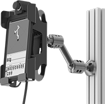 Image of ProductInUse. Mount with Arm Installed on T-Slotted Framing. Front orientation. Teach Pendant Mounts. Aluminum Arm.