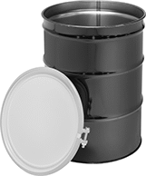 Image of Product. Front orientation. Drums. Steel Drums, Open Head with Nut-and-Bolt Closing Ring and Lid with No Openings.