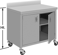 Image of Product. Front orientation. Contains Annotated. Workbenches. Stainless Steel Cabinet Workbenches, Style E.