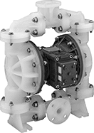 Image of Product. Front orientation. Double Diaphragm Pumps. Polypropylene Air-Powered Double Diaphragm Pumps for Chemicals, Flanged Bottom Intake and Flanged Top Discharge.