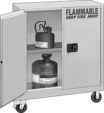 Image of ProductInUse. Mobile Cabinets with 2 Hinged Doors. Front orientation. Cabinets. Bench-Height Safety Cabinets for Flammables, Mobile Storage—Assembled, 2 Doors, Hinged Door.