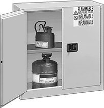 Image of ProductInUse. Stationary Cabinets with 2 Hinged Doors. Front orientation. Cabinets. Bench-Height Safety Cabinets for Flammables, Stationary—Assembled, 2 Doors, Hinged Door.