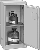 Image of ProductInUse. Stationary Cabinets with 1 Hinged Door. Front orientation. Cabinets. Bench-Height Safety Cabinets for Flammables, Stationary—Assembled, 1 Door, Hinged Door.