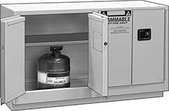 Image of ProductInUse. Stationary Cabinets with 4 Hinged Doors. Front orientation. Cabinets. Bench-Height Safety Cabinets for Flammables, Stationary—Assembled, With 4 Hinged Doors .