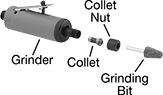 Image of System. Front orientation. Contains Annotated. Die Grinder Collets. Collets for Air-Powered Bit and Bur Die Grinders.