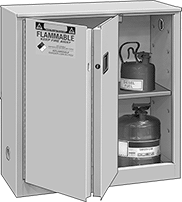 Image of ProductInUse. Stationary Cabinets with 1 Sliding Door. Front orientation. Cabinets. Bench-Height Safety Cabinets for Flammables, Stationary—Assembled, 1 Door, Sliding Door.