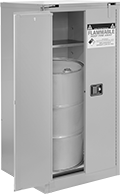 Image of ProductInUse. For 1 Drum. Front orientation. Cabinets. Safety Cabinets for Vertical Storage of Flammables in 55-Gallon Drums, Full-Height with Vertical Storage—Assembled, 2 Doors, Hinged Door, Maximum of 1 55-Gallon Drum per Cabinet.