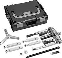 Image of Product. Front orientation. Gear and Bearing Pullers. Quick-Hold Reversible-Jaw External/Internal-Grip Gear and Bearing Puller Sets , Standard and Narrow Jaw—Bar Control.