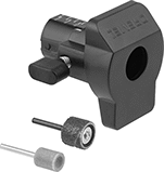 Image of Product. Rotary Tool Guide, Sanding Sleeve Drum, and Grinding Stone. Front orientation. Rotary Tool Guides. 1/2" Sanding Sleeve Drum—60 Grit, Grinding Stone.